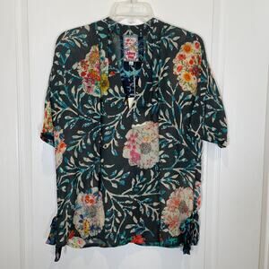 Johnny Was Kashim Ravenne Top Floral Print Short Sleeve Black Turquoise S